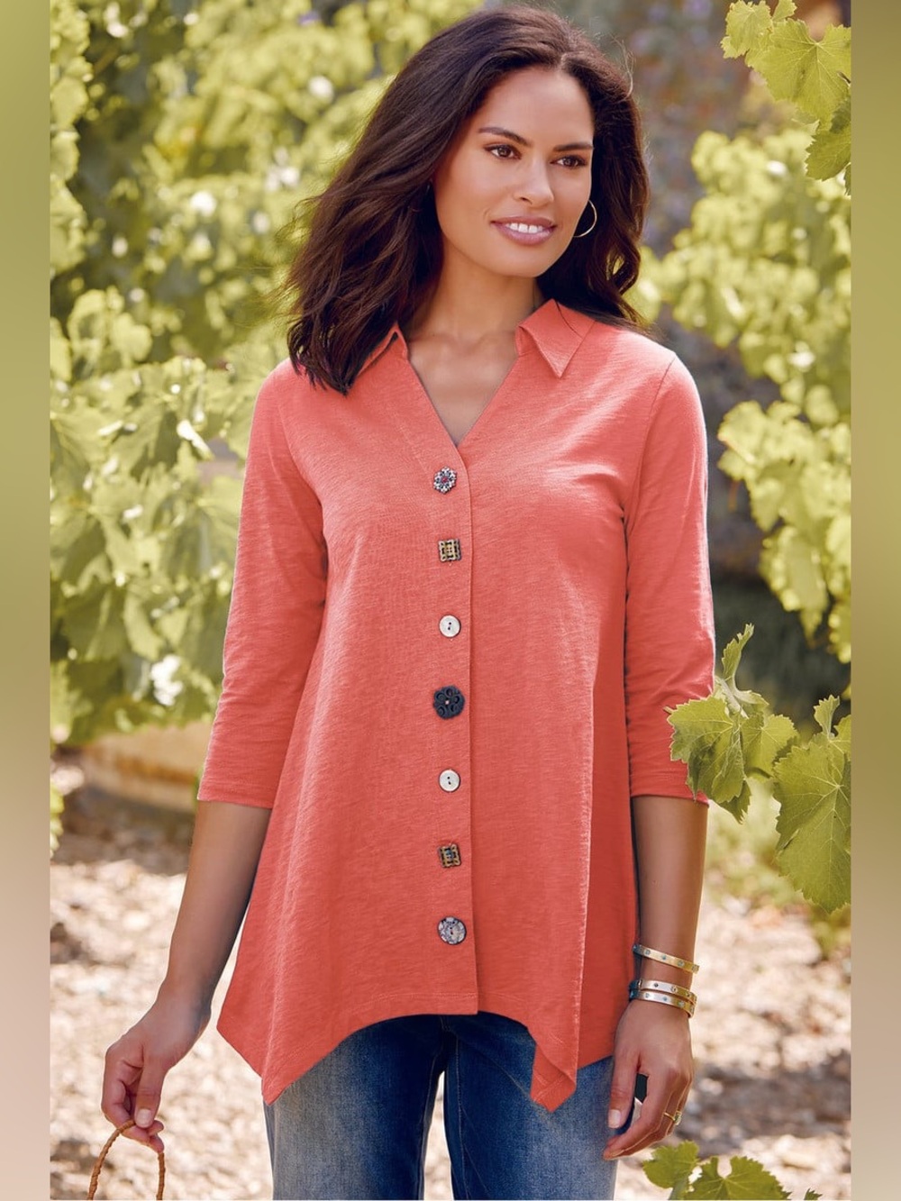 Soft Surroundings Danielle Coral-Orange Button-Front A-Line Tunic